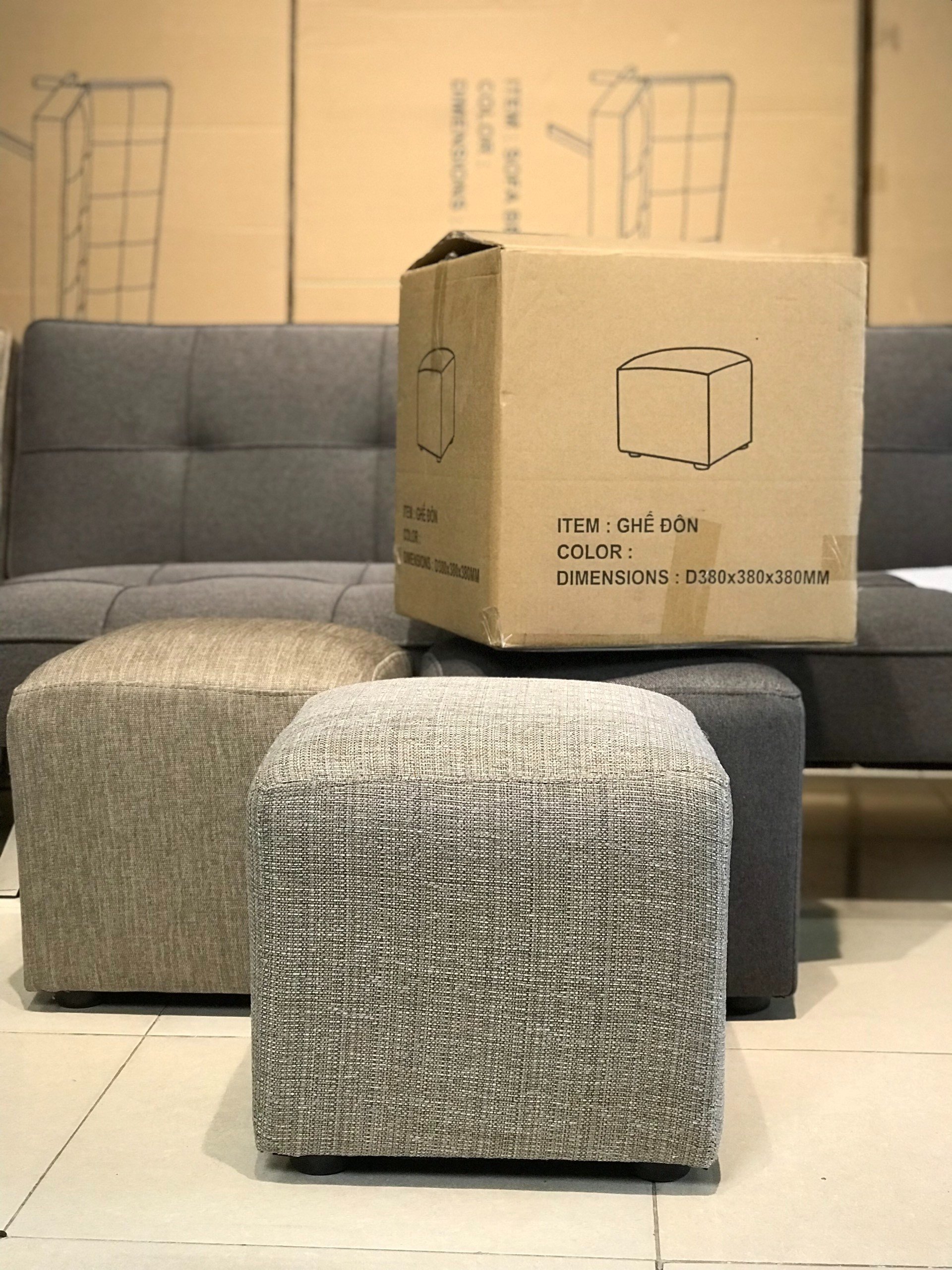 ghế đôn vuông màu xám nhập khẩu